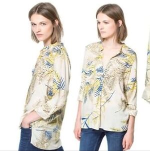 ZARA Elegant Floral Women's Blouse - White, Blue, Yellow Size L